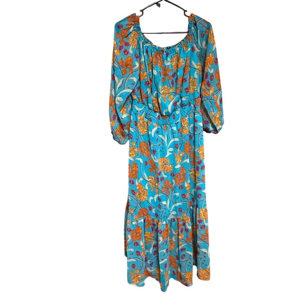 Soffie Floral Midi Dress Boho Smocked Waist Blue Orange Excellent Tiered Hem